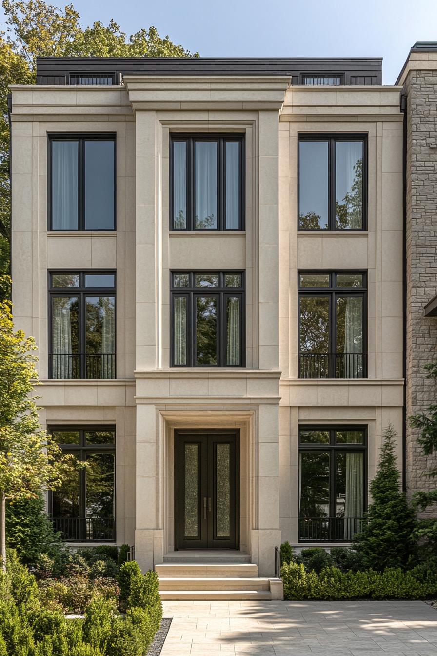 Three-story beige townhouse with large windows and a central entrance