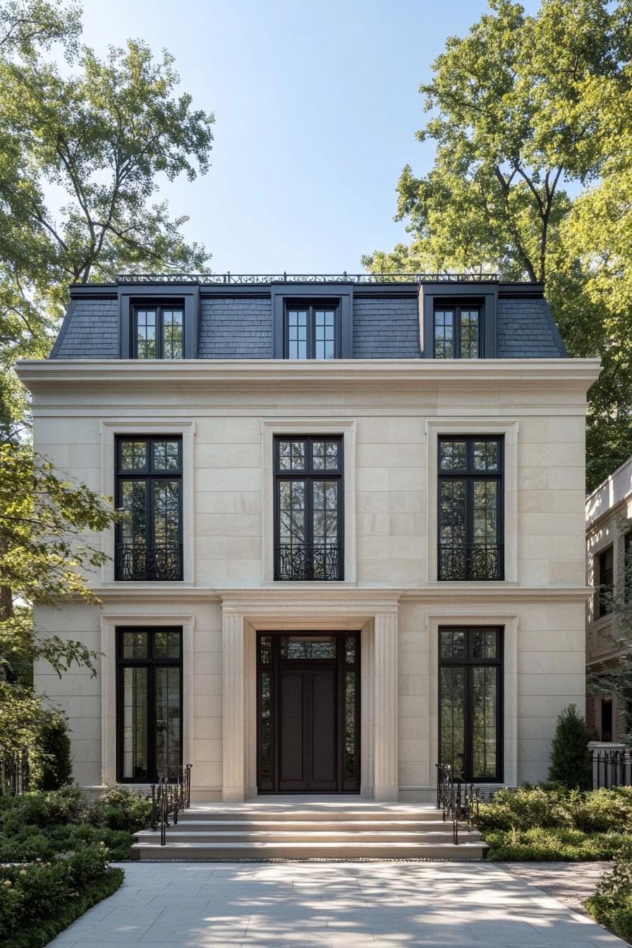 Elegant townhouse with tall black-framed windows and a grand entrance