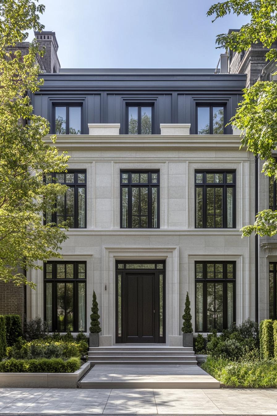 Elegant townhouse facade with large black windows and greenery