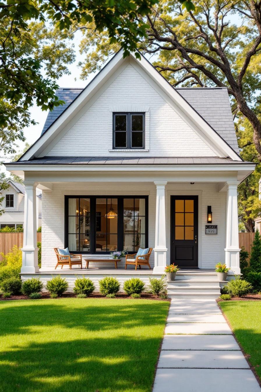 Cozy white house with steep roof and inviting porch