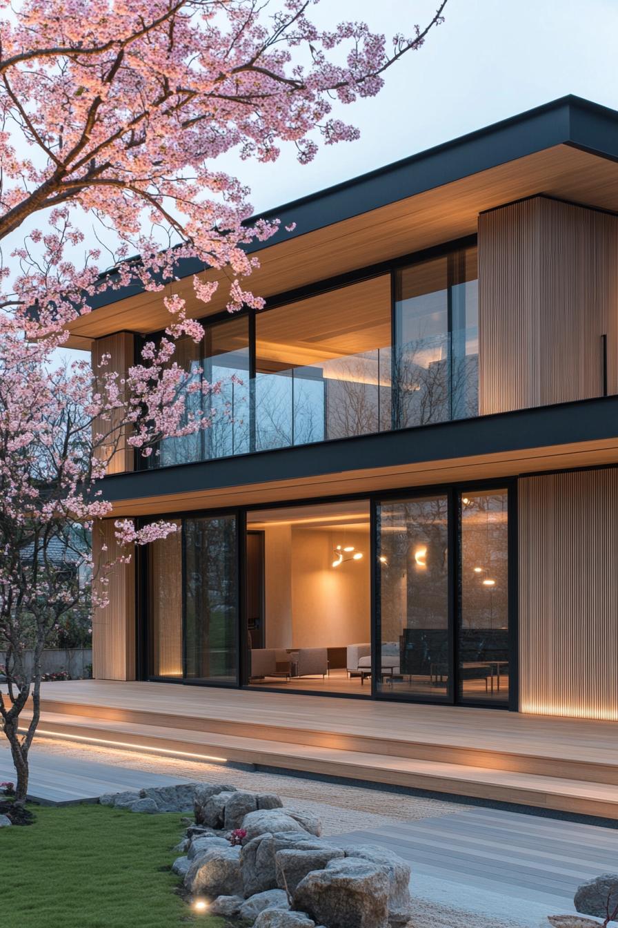 Elegant minimalist house with cherry blossoms in the foreground