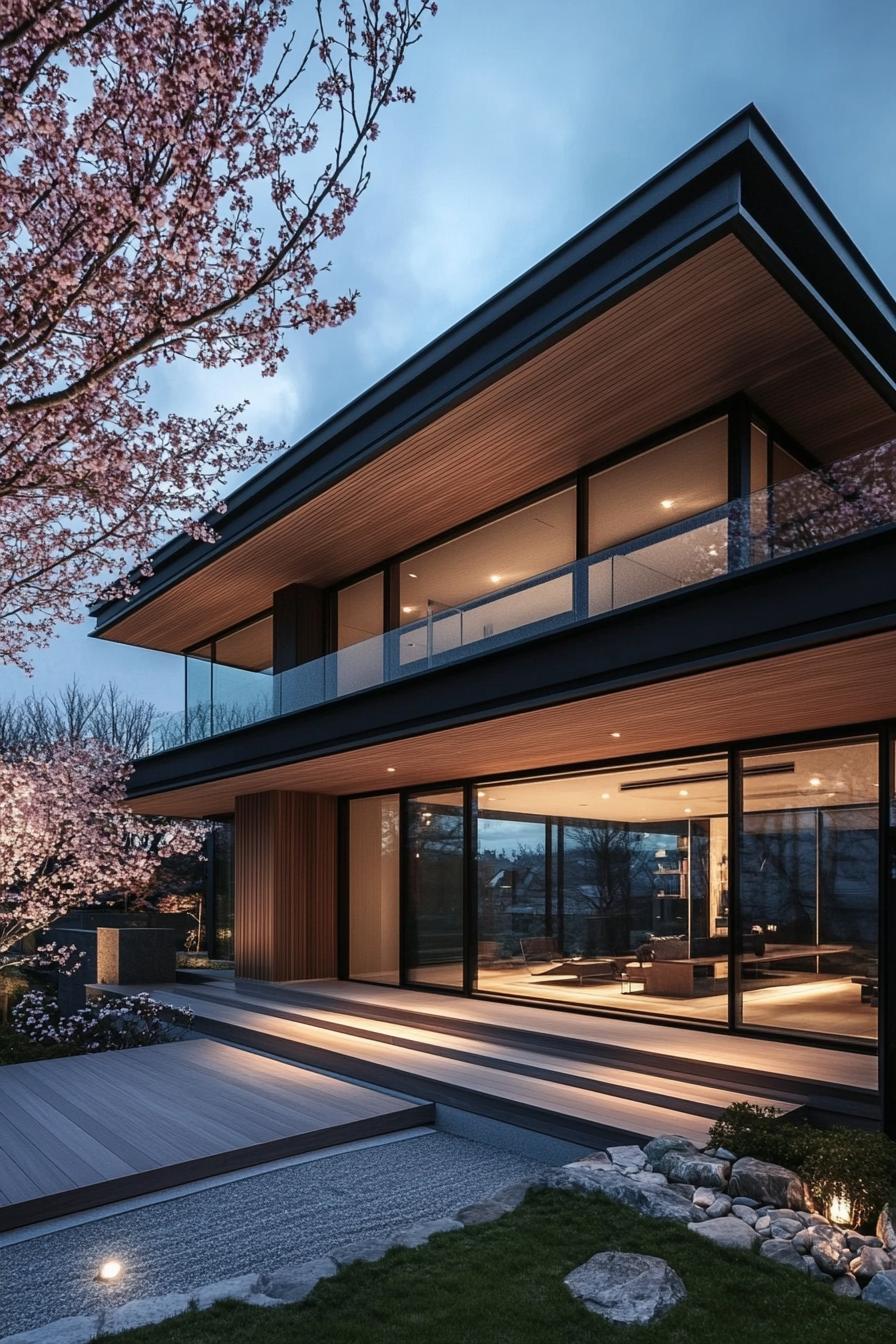 Two-story glass-fronted minimalist house with cherry blossoms