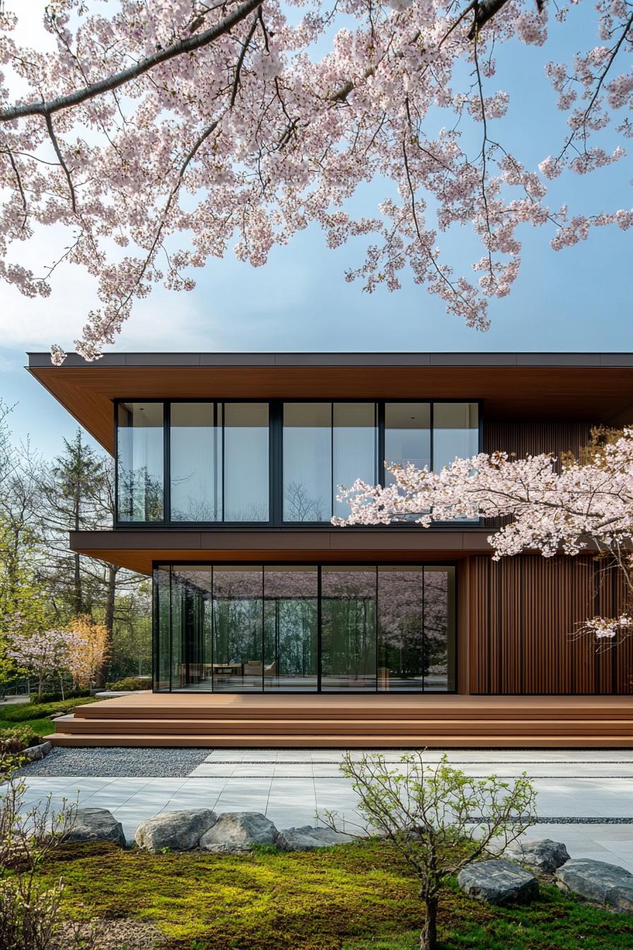 Modern minimalist house surrounded by cherry blossoms