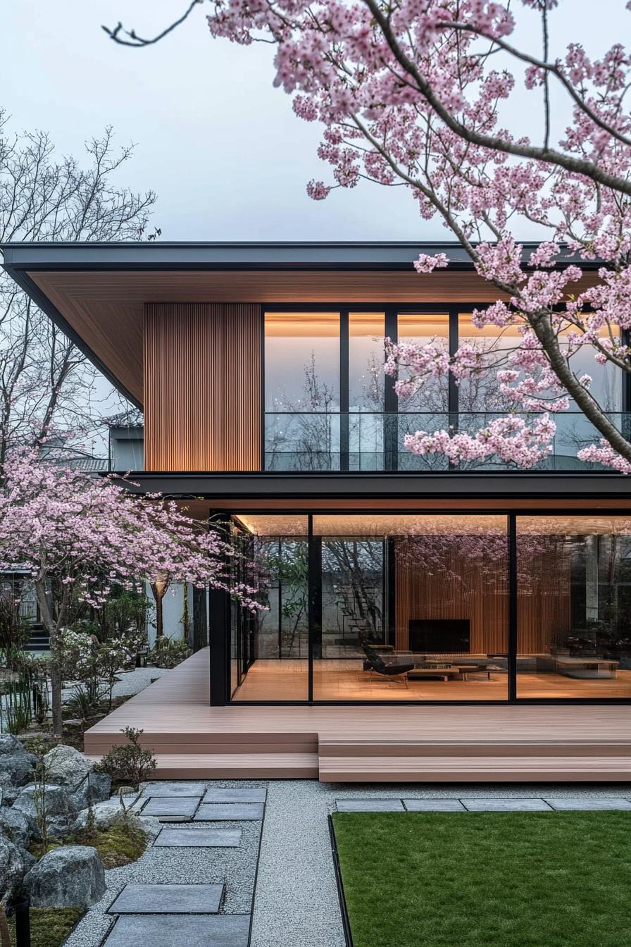 Modern minimalist house surrounded by blossoming cherry trees