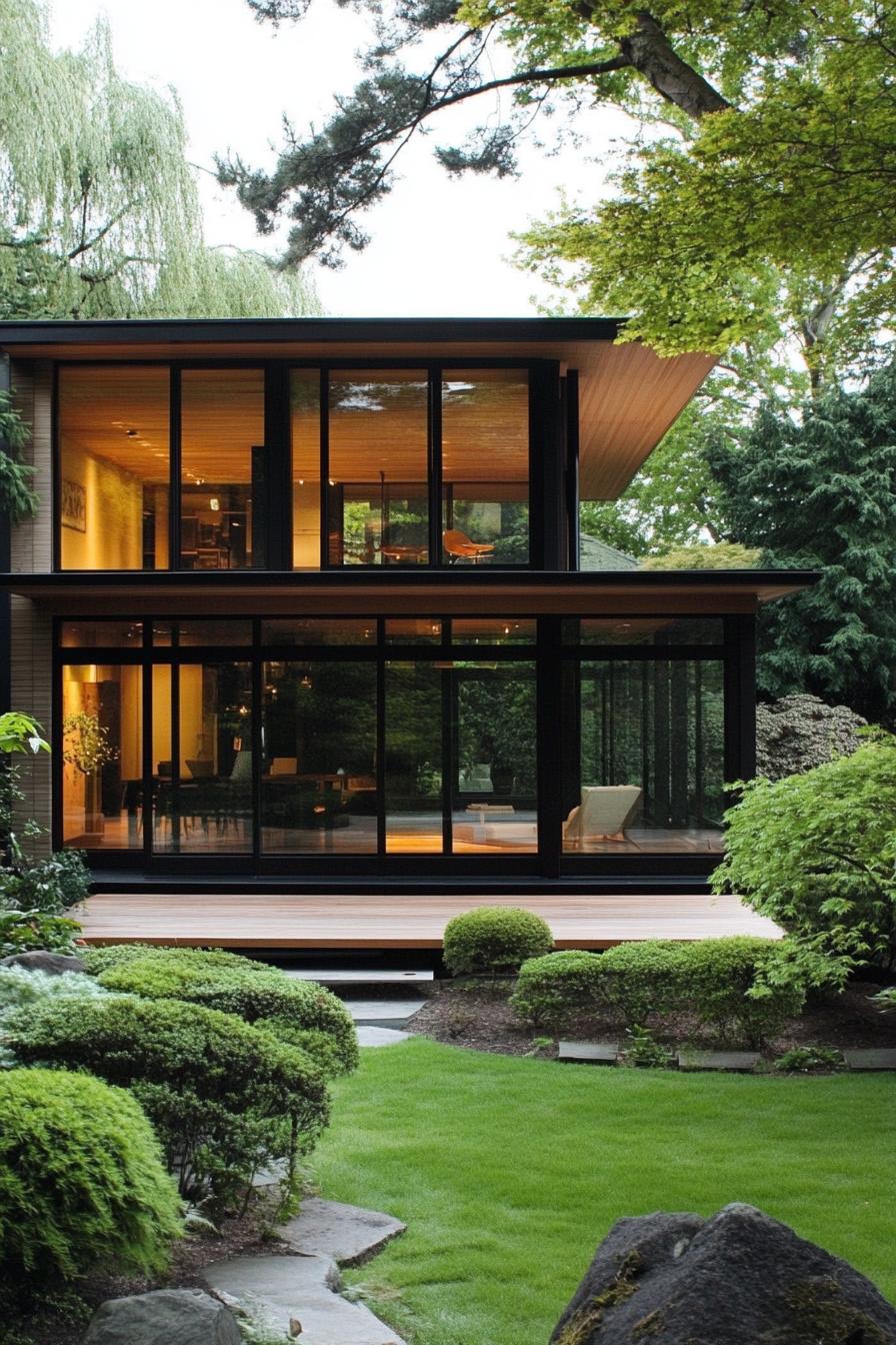 Modern minimalist house with large glass windows, framed by lush greenery