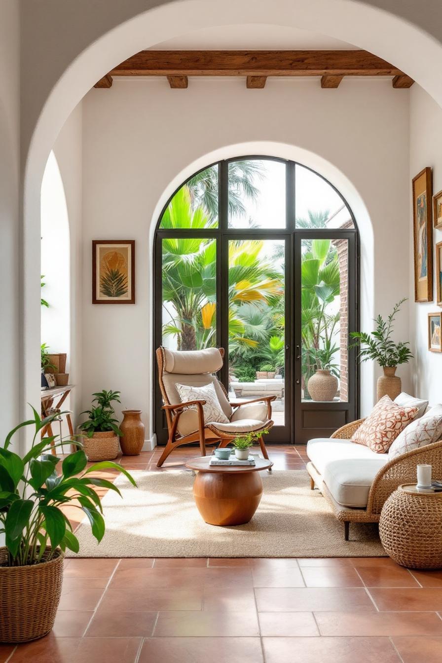 Bright room with arched door and modern Spanish decor