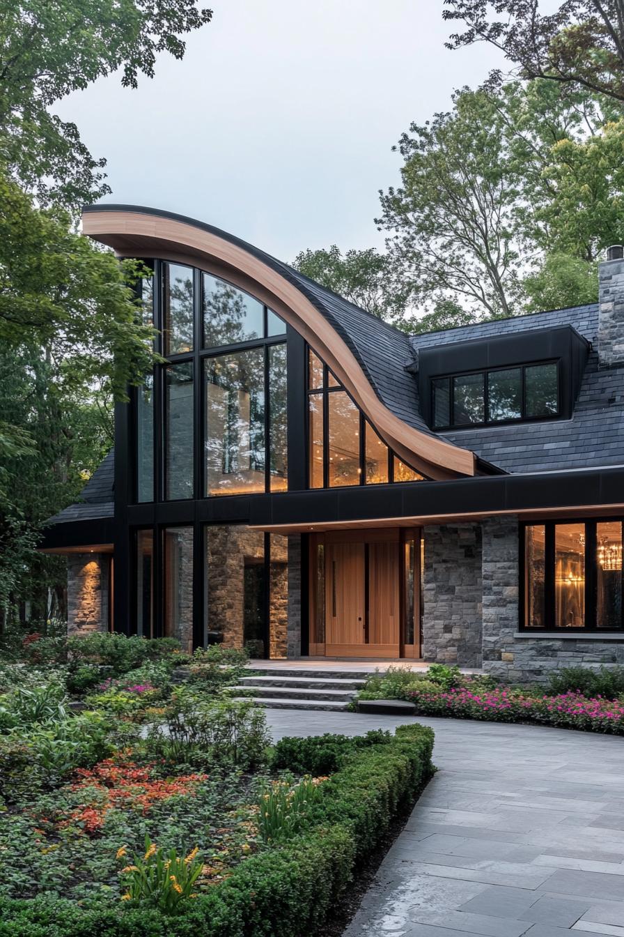 Contemporary house with a unique curved roof and stone facade