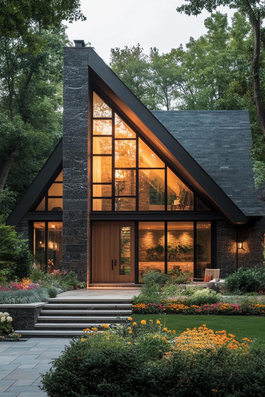 A charming A-frame house with large windows