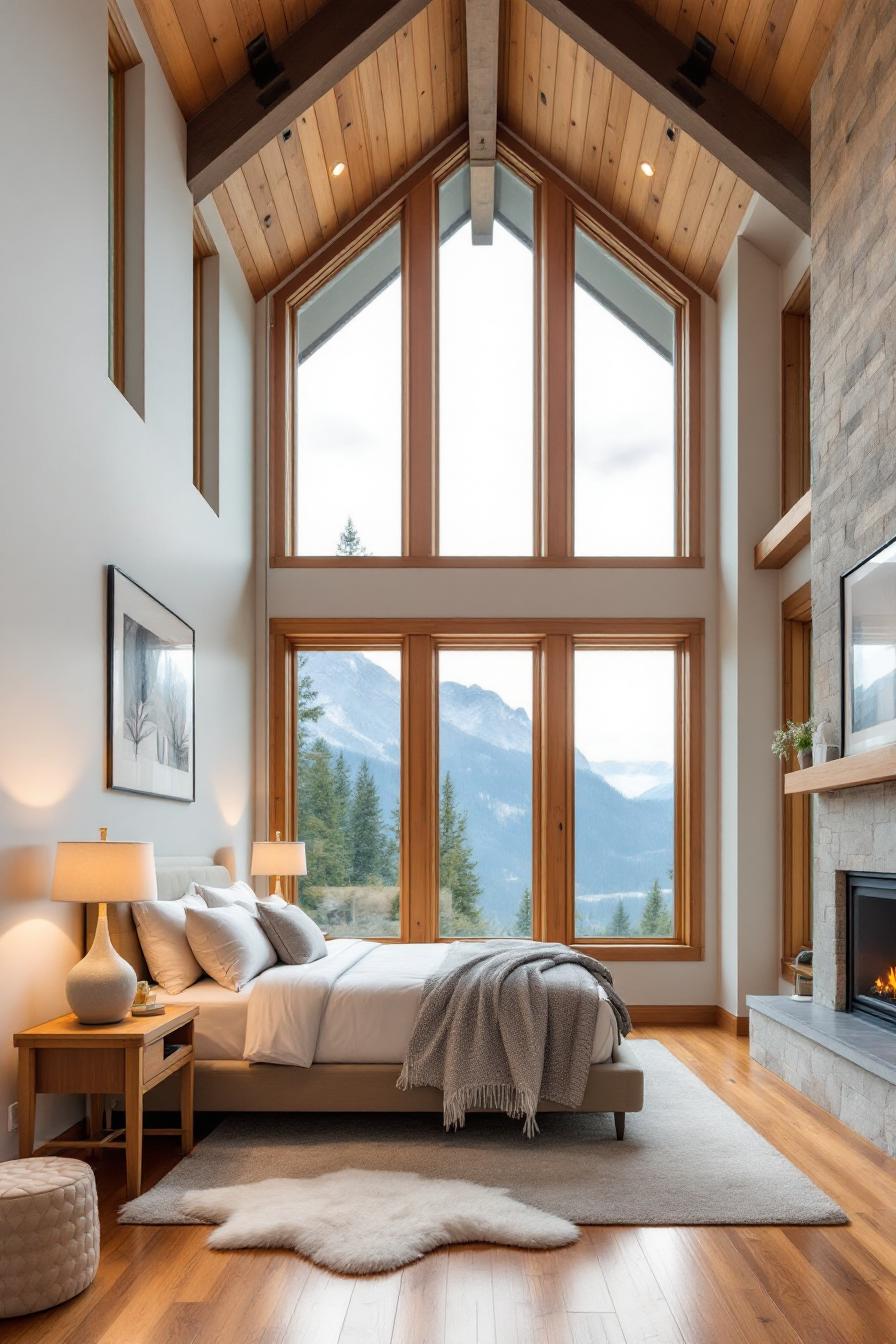 Cozy bedroom with large windows and mountain views