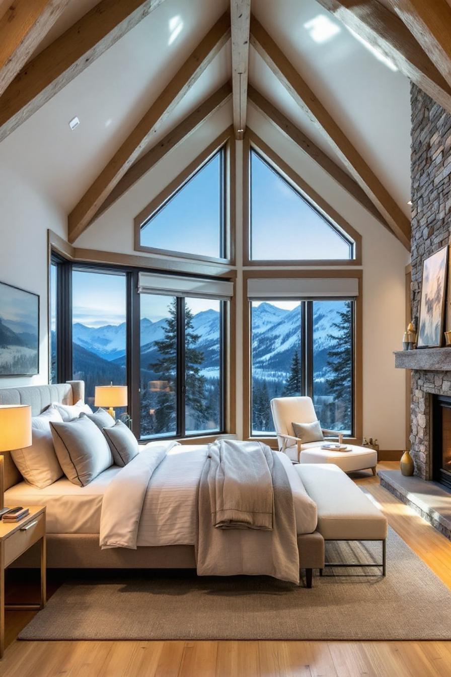 Modern cabin bedroom with mountain views and stone fireplace