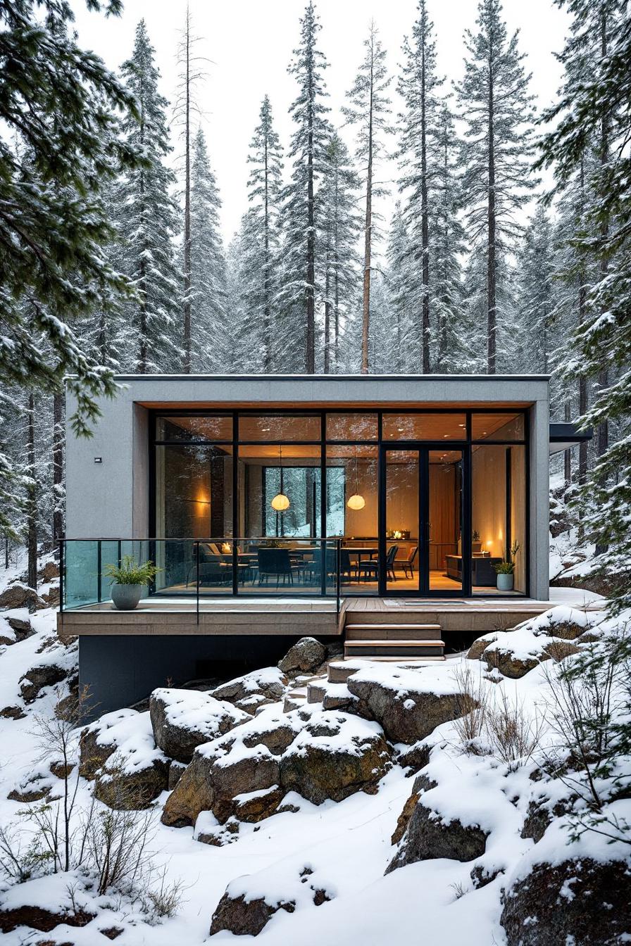 Contemporary cabin with glass facade surrounded by snowy forest