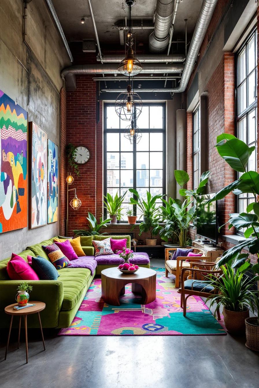 Colorful loft with lush plants and vibrant decor