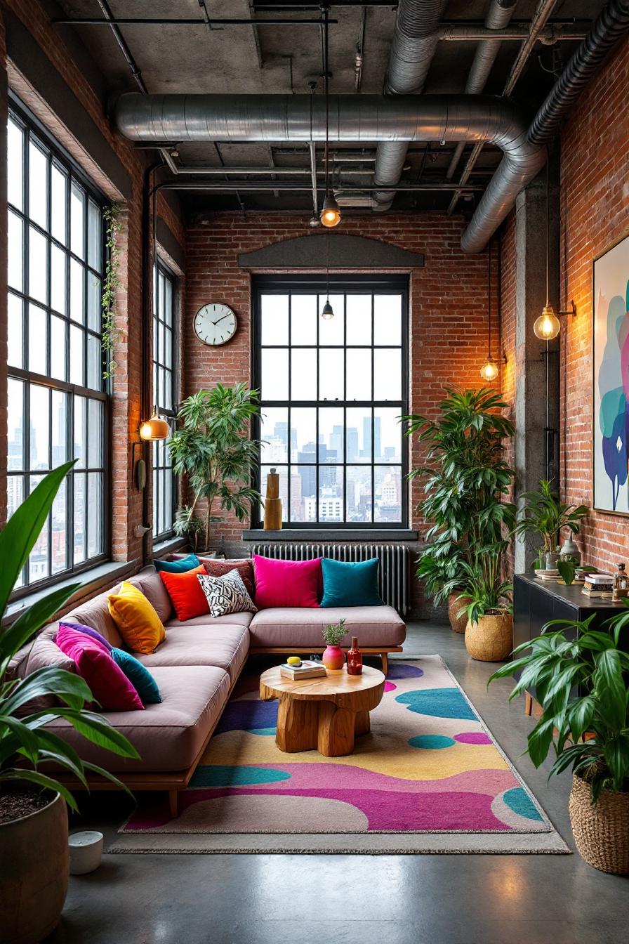 Artistically vibrant living space with bright decor and plush seating