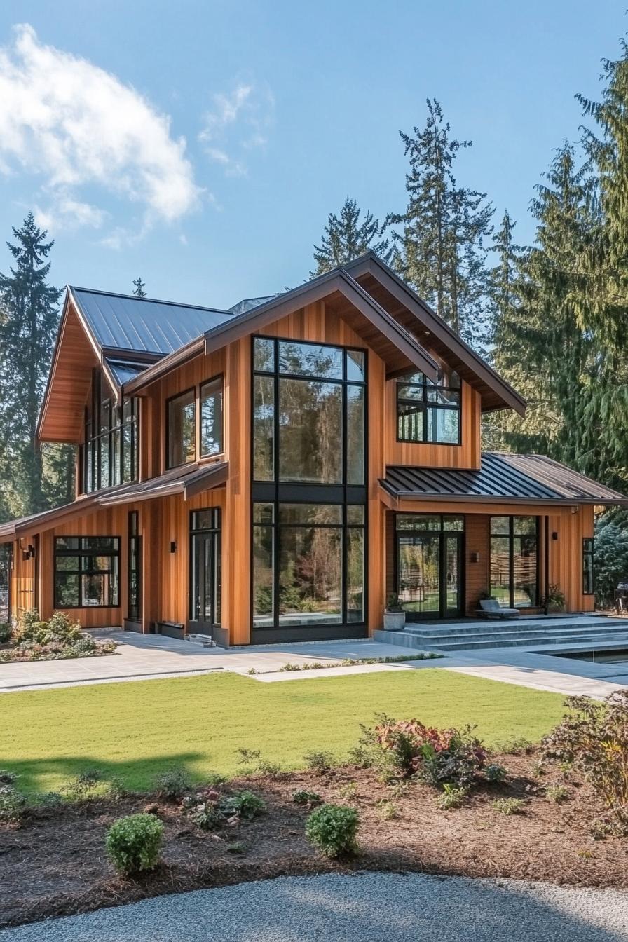 Modern farmhouse with large windows and wooden accents