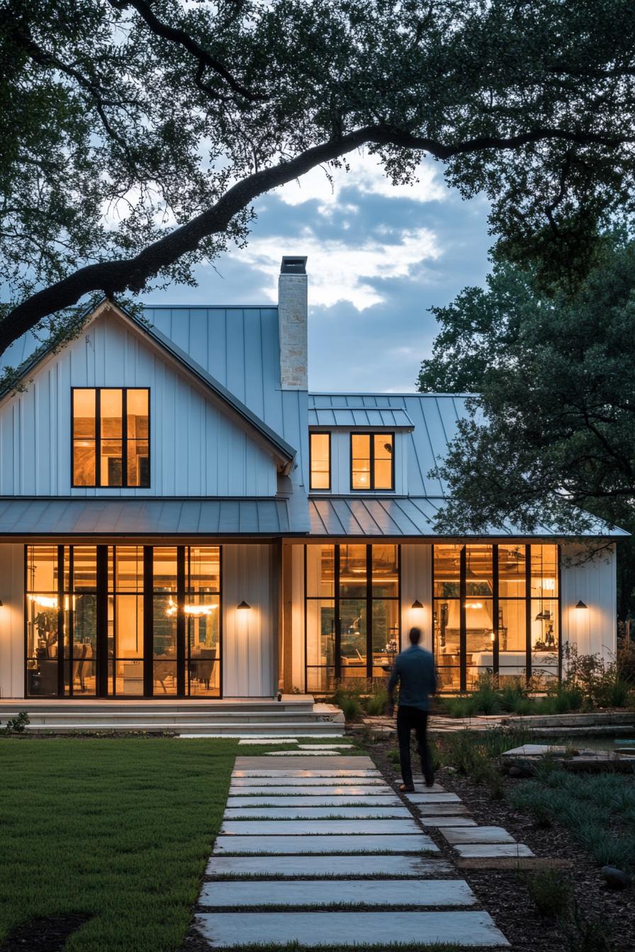 Craftsman farmhouse with glowing windows set in evening light