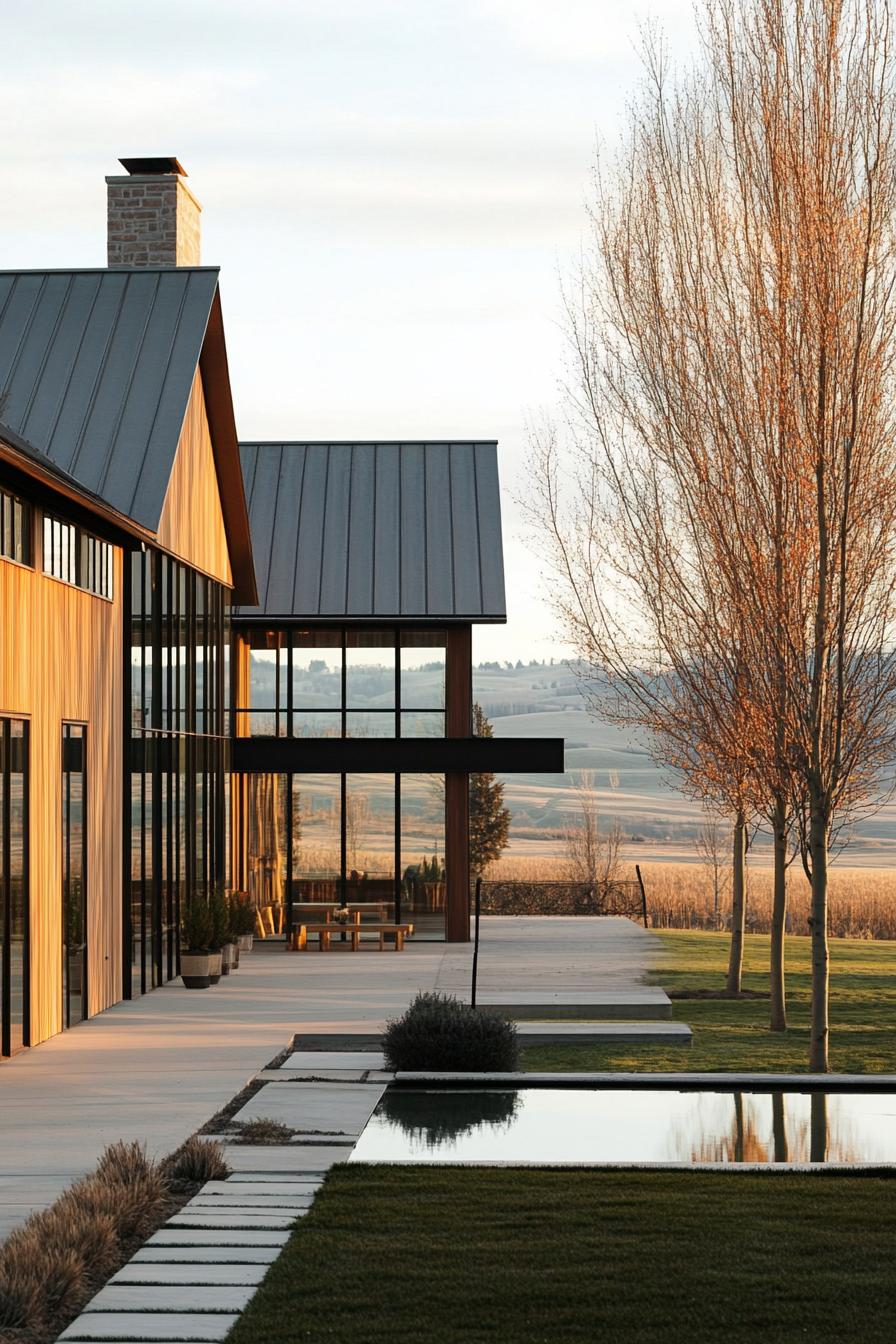 Modern farmhouse with sleek metal roof and large windows