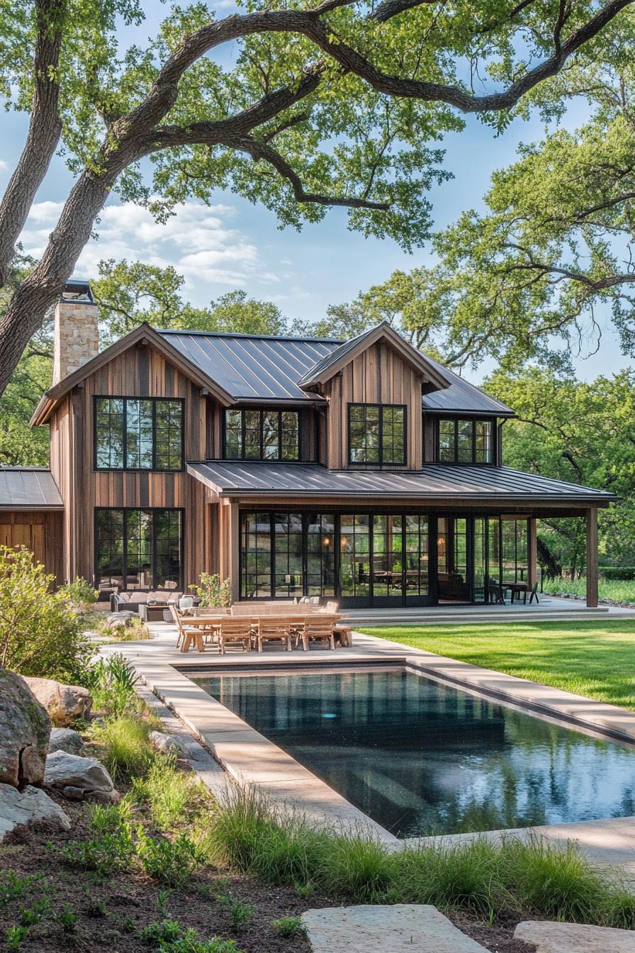 Wooden farmhouse with large windows by a pool