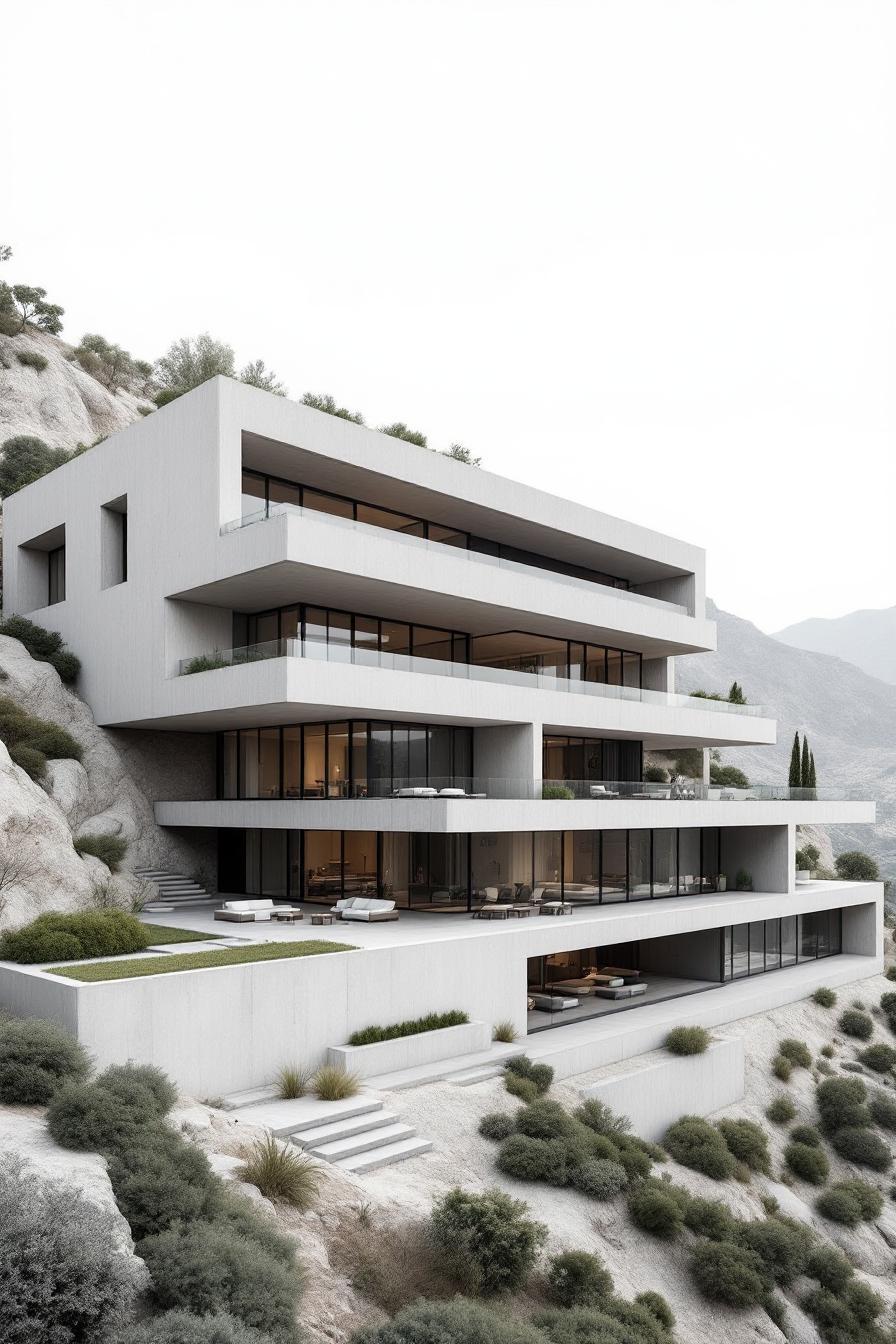 Modern concrete mansion nestled against a rocky hillside