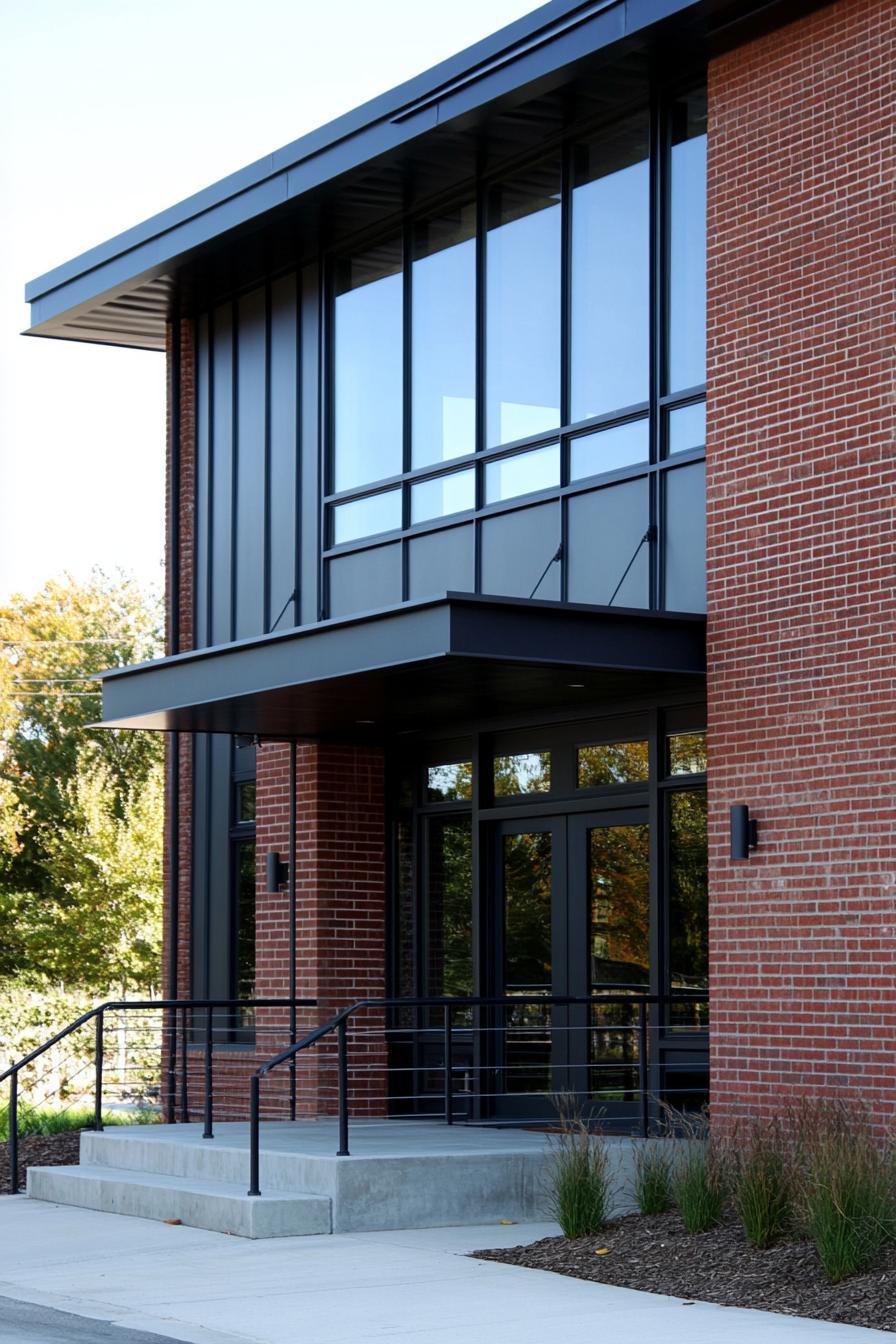 Corner view of a modern industrial house with red brick and large windows