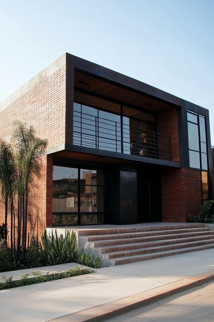 Modern brick building with large glass windows and palm trees