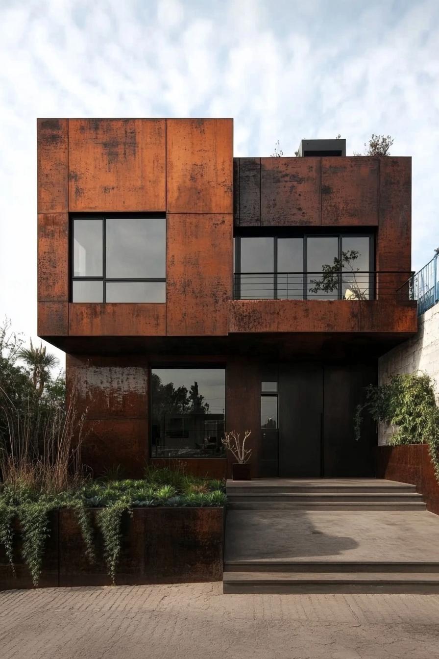 A modern house with a rusty metal facade and large windows