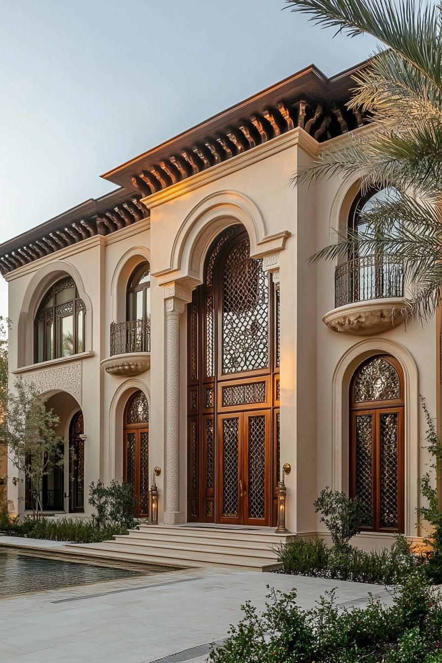 Elegant house facade with arches and palm trees