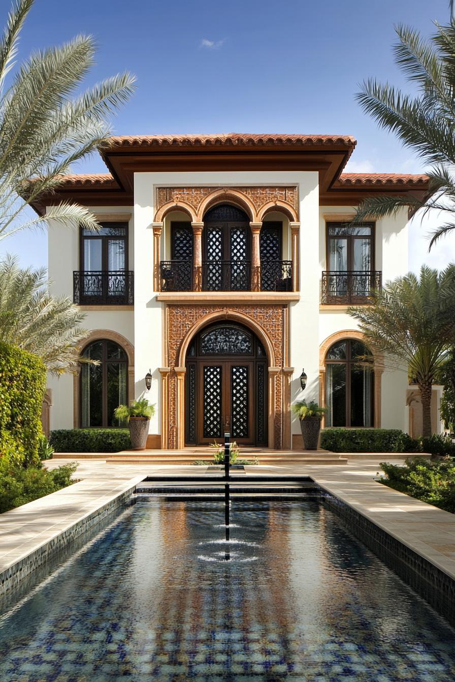 Elegant house facade with arches and a reflecting pool