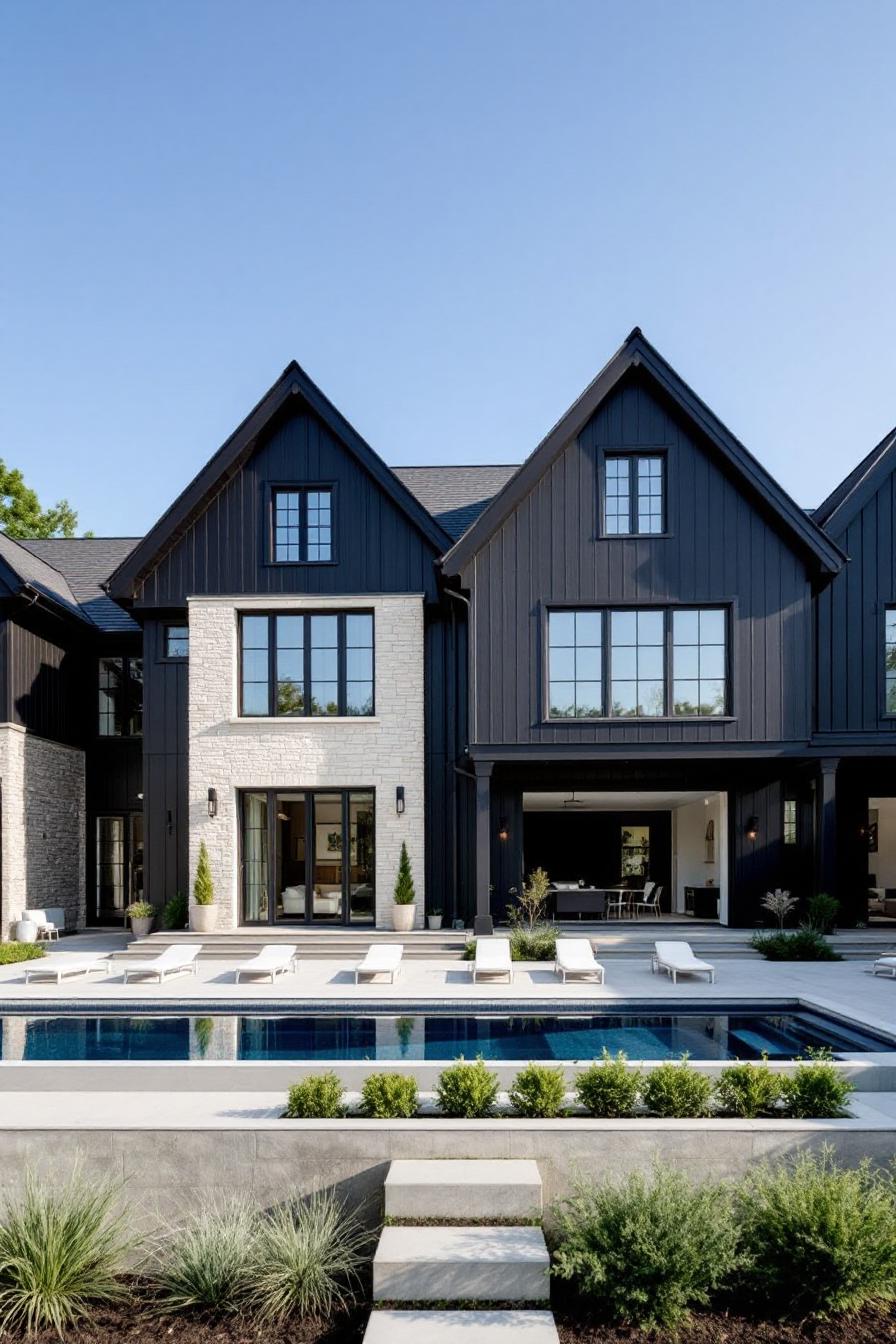 Modern farmhouse with poolside view