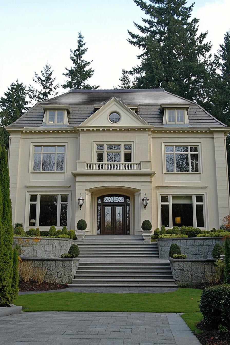 Elegant neo-classical house with large windows and manicured shrubs