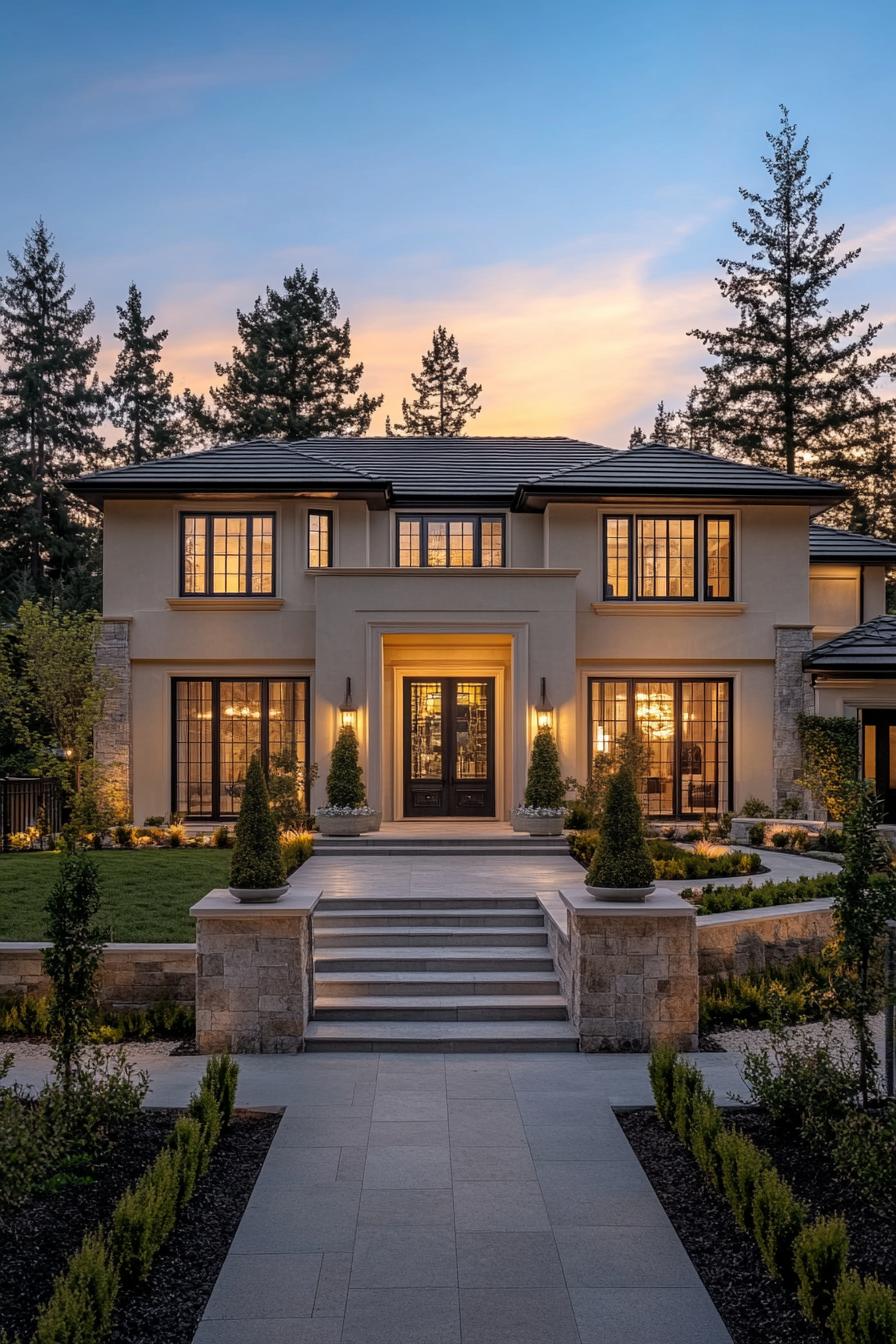 Elegant neoclassical house illuminated at dusk