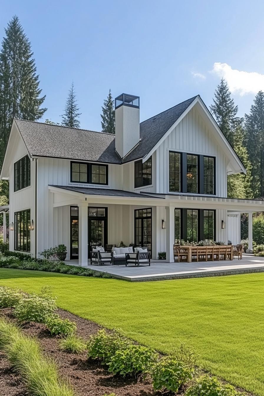 Elegant farmhouse with spacious veranda and lush lawn