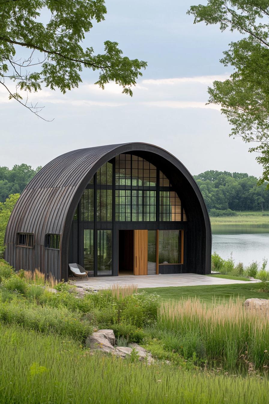 Curved steel home with large windows by a lake