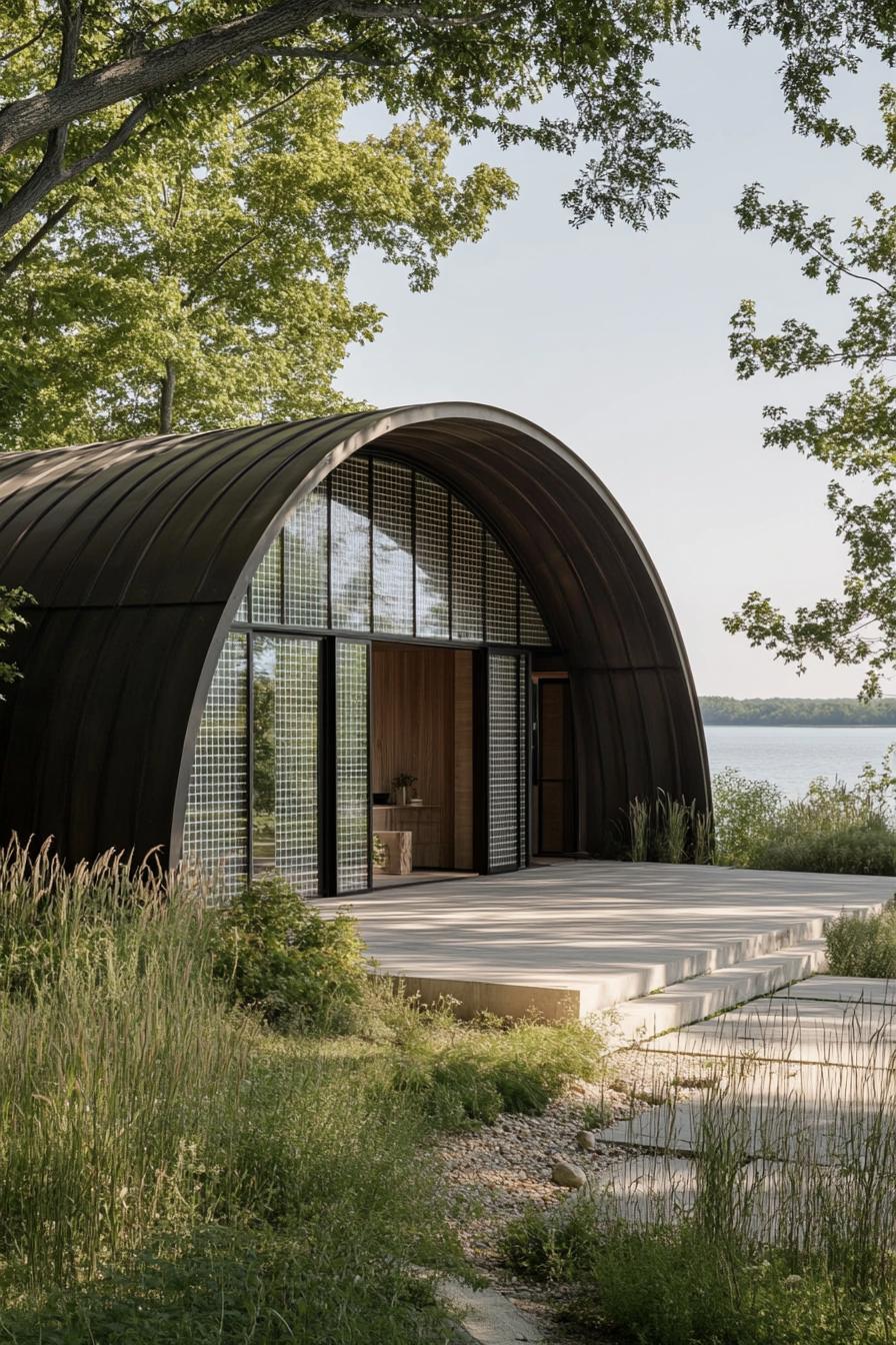 Quonset hut home with a lakeside view