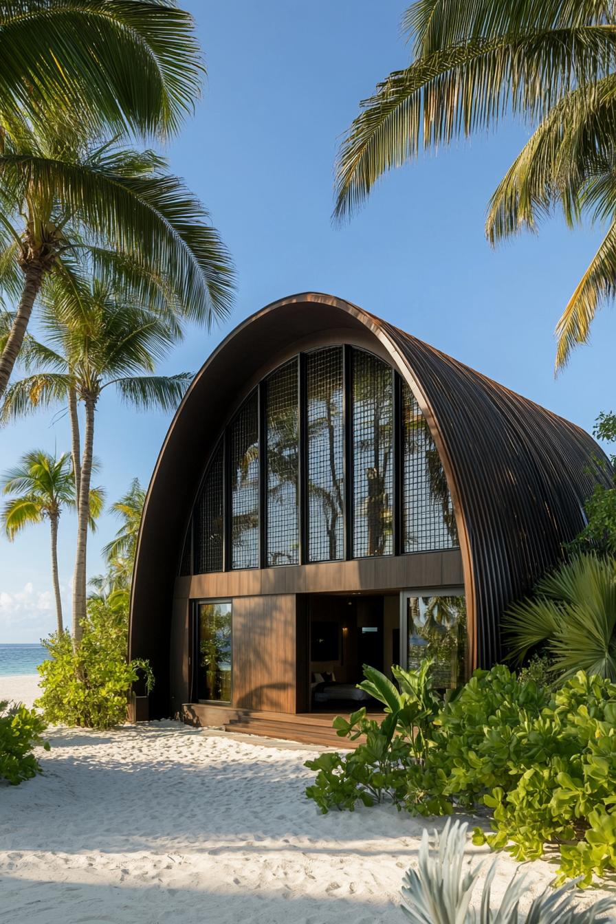 Quonset home with a tropical vibe surrounded by palm trees and sand