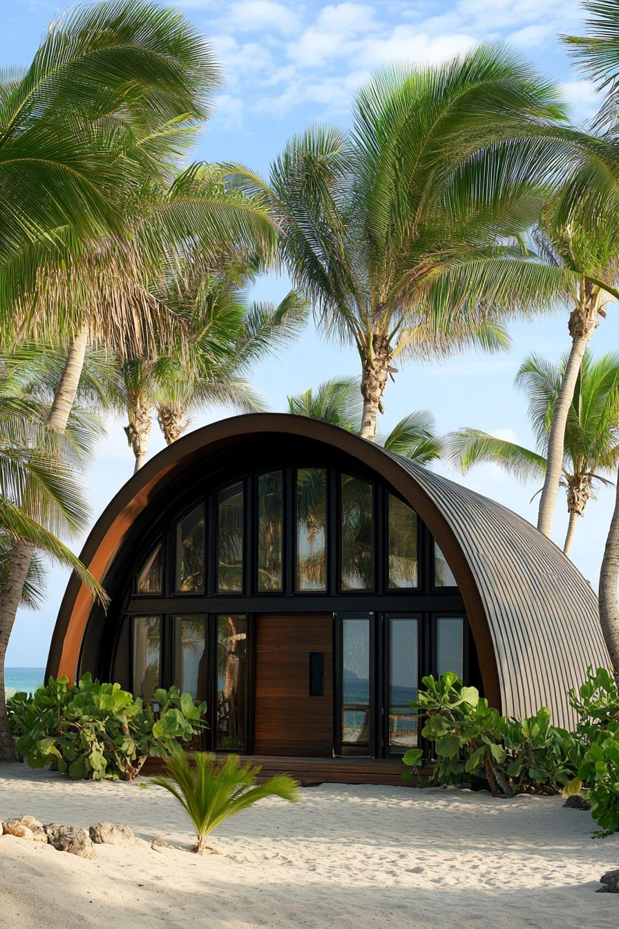 Quonset hut nestled among lush palm trees