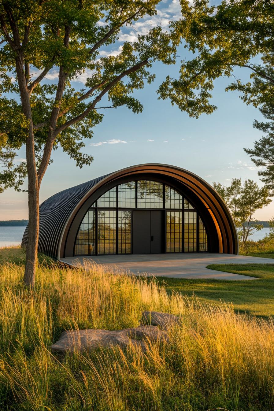 Quonset hut home with large glass facade by a lake