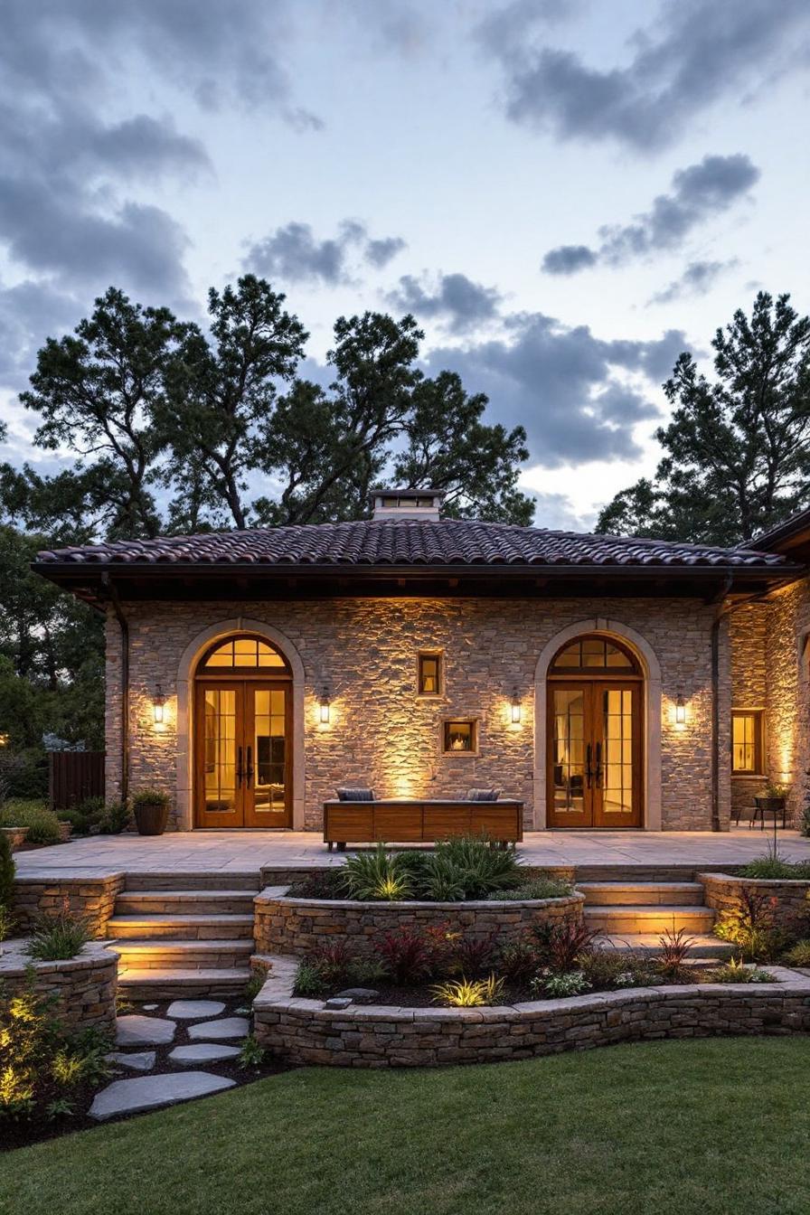 Warm stone facade with arched doors