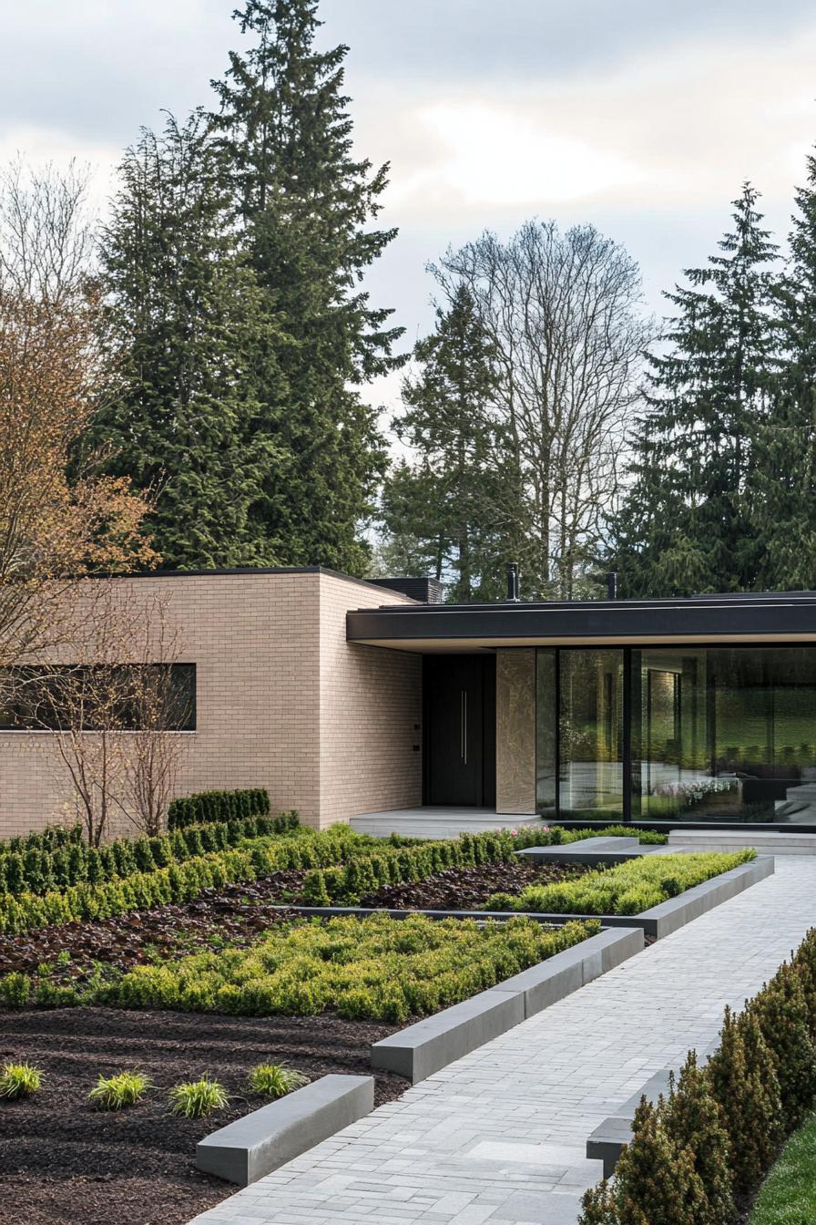 Modern rancher with brick design amidst tall trees