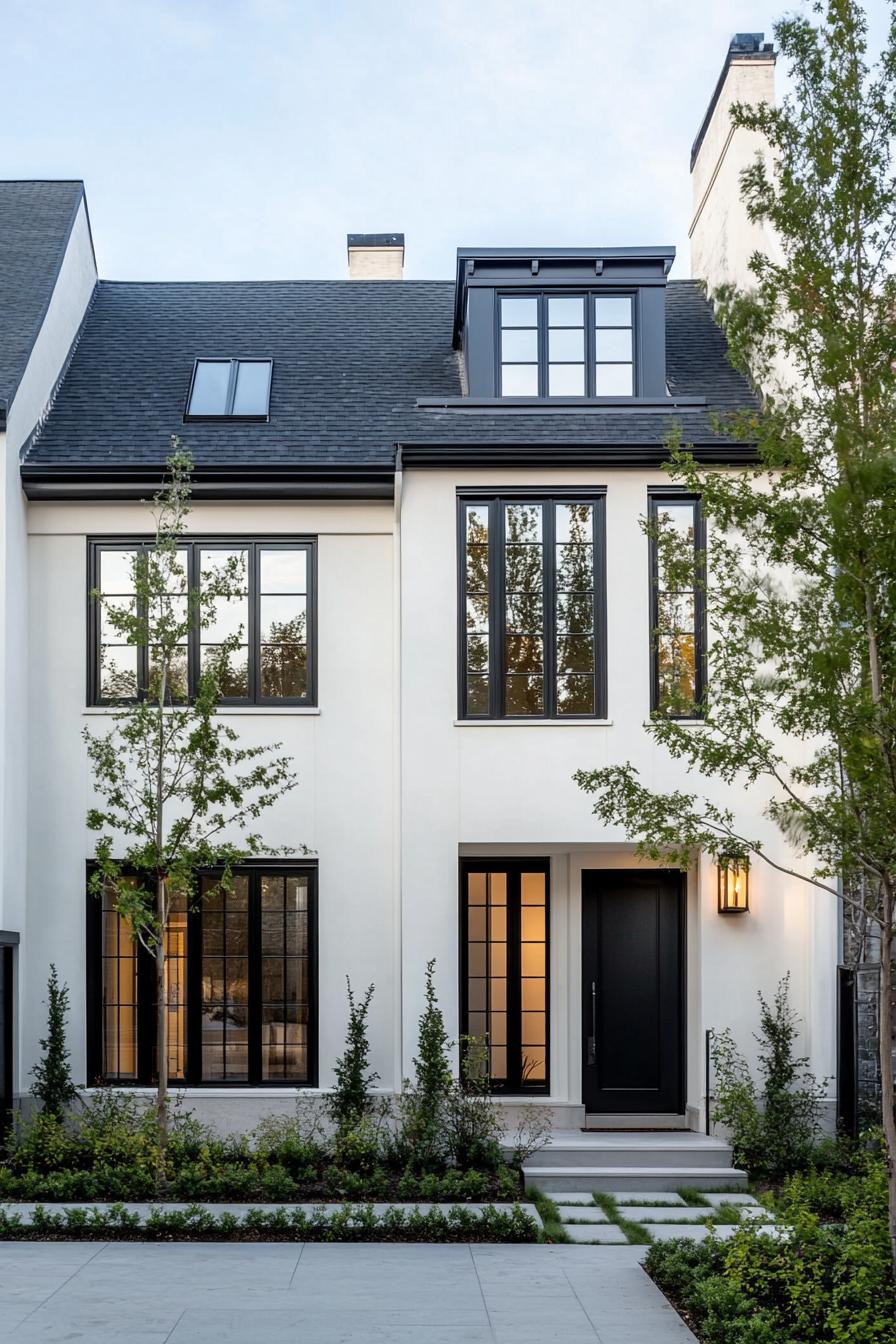 Modern white townhouse with black details and lush greenery