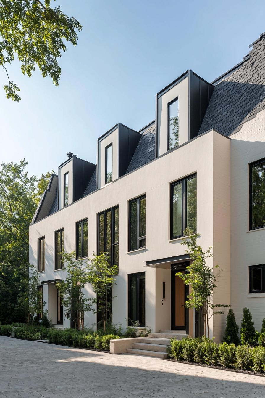 White townhouse with sleek black window accents