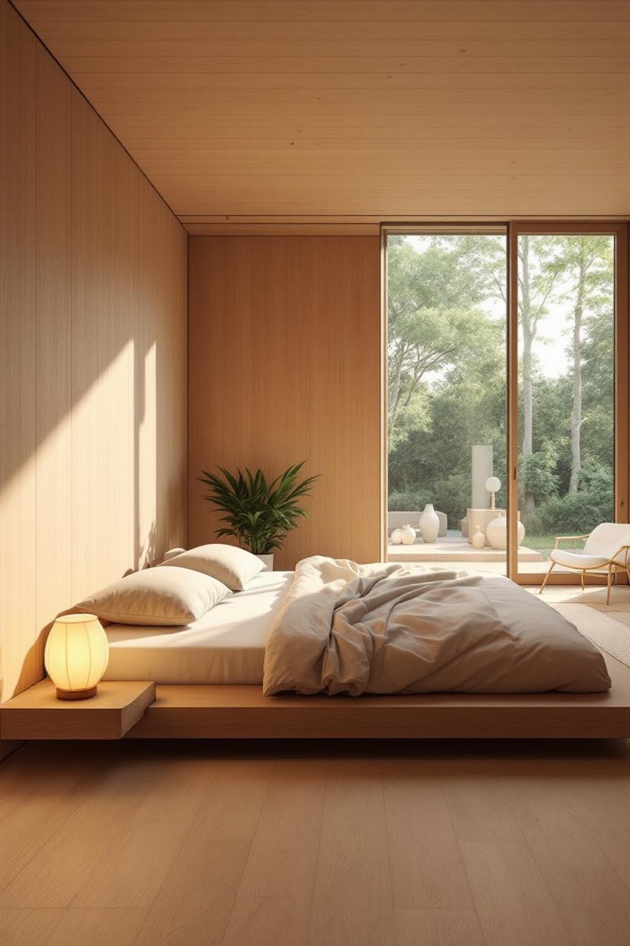 Minimalist bedroom with wooden walls and a large window to the garden