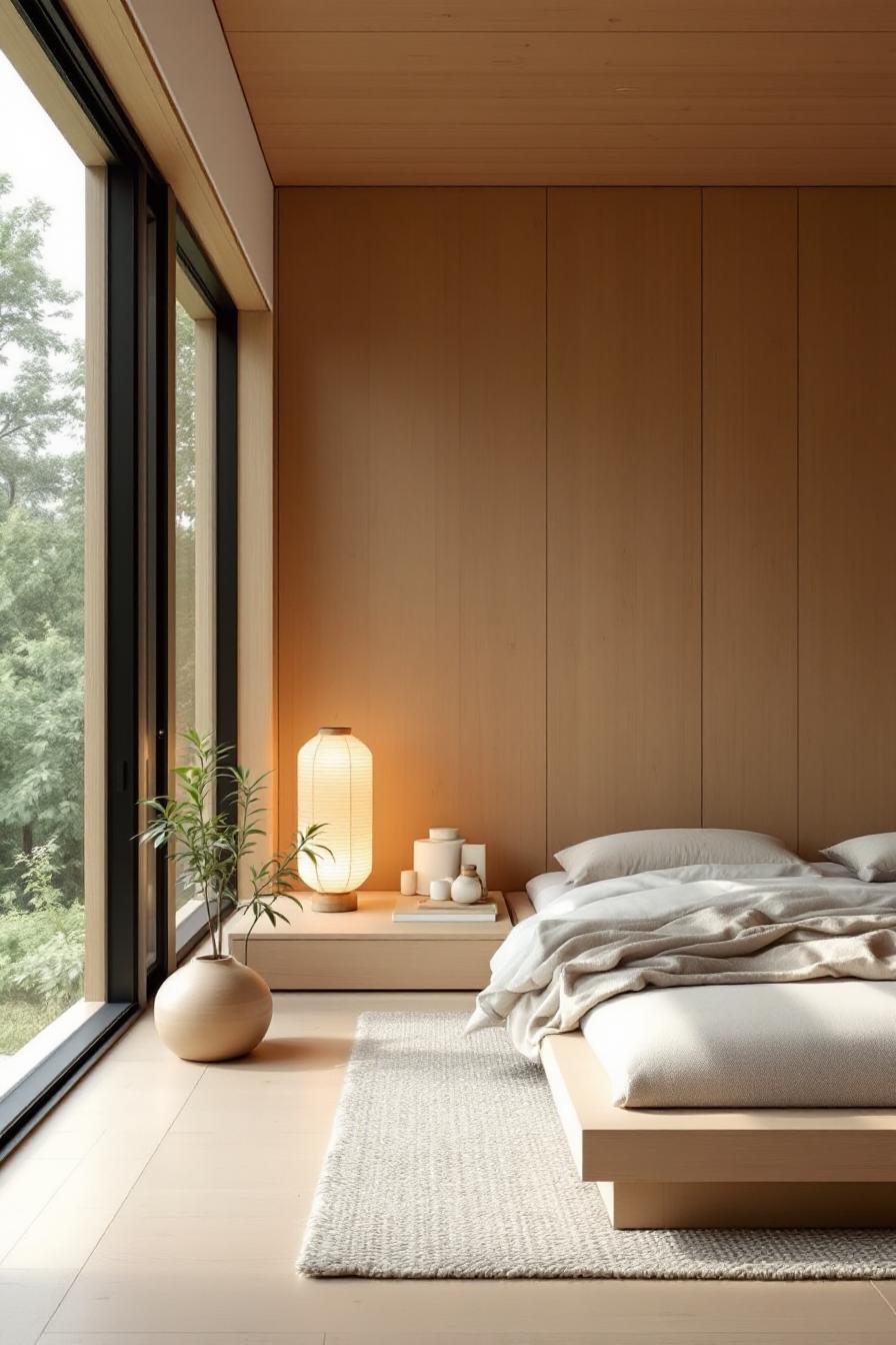 Minimalist bedroom with wooden accents and large windows