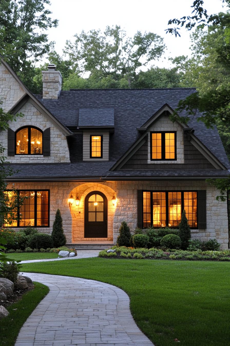 Charming stone house with warm lights and a curved walkway