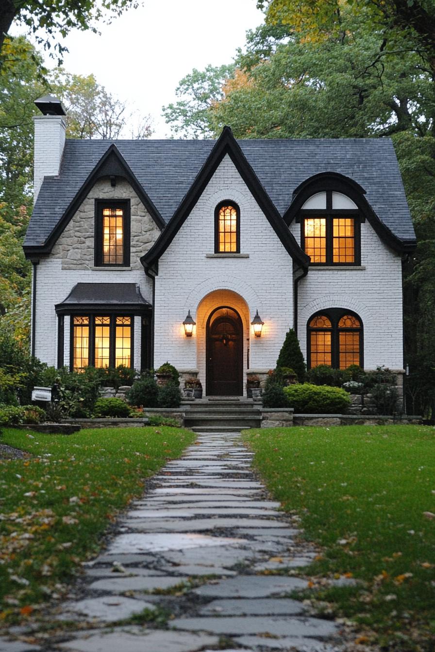 Charming house with glowing windows and stone path