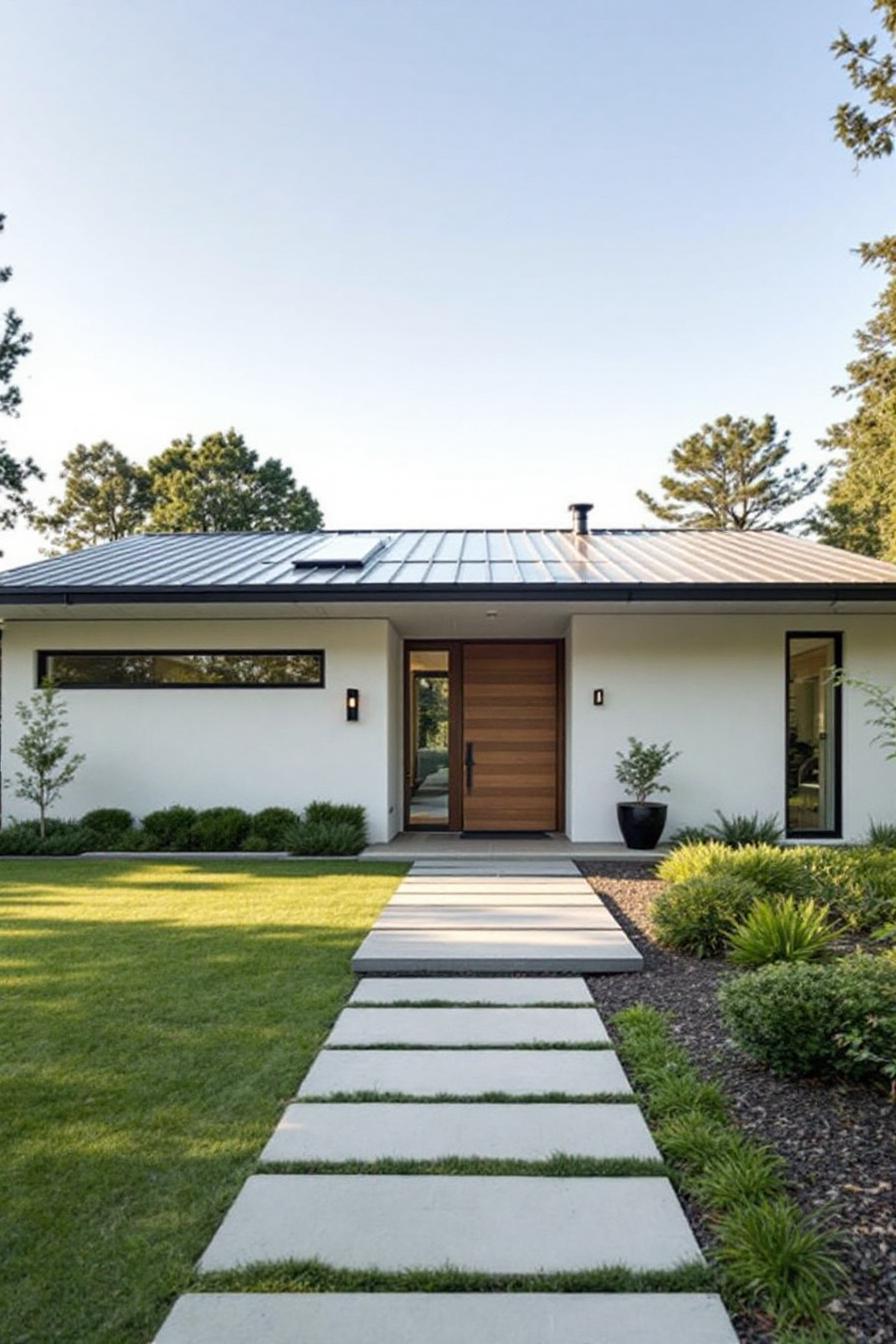 Modern single-story home with a metal roof and a stone pathway