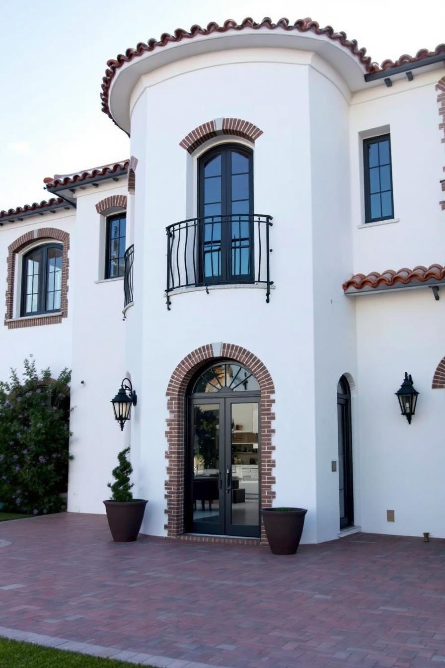 Elegant Tuscan home with a round tower and terracotta accents