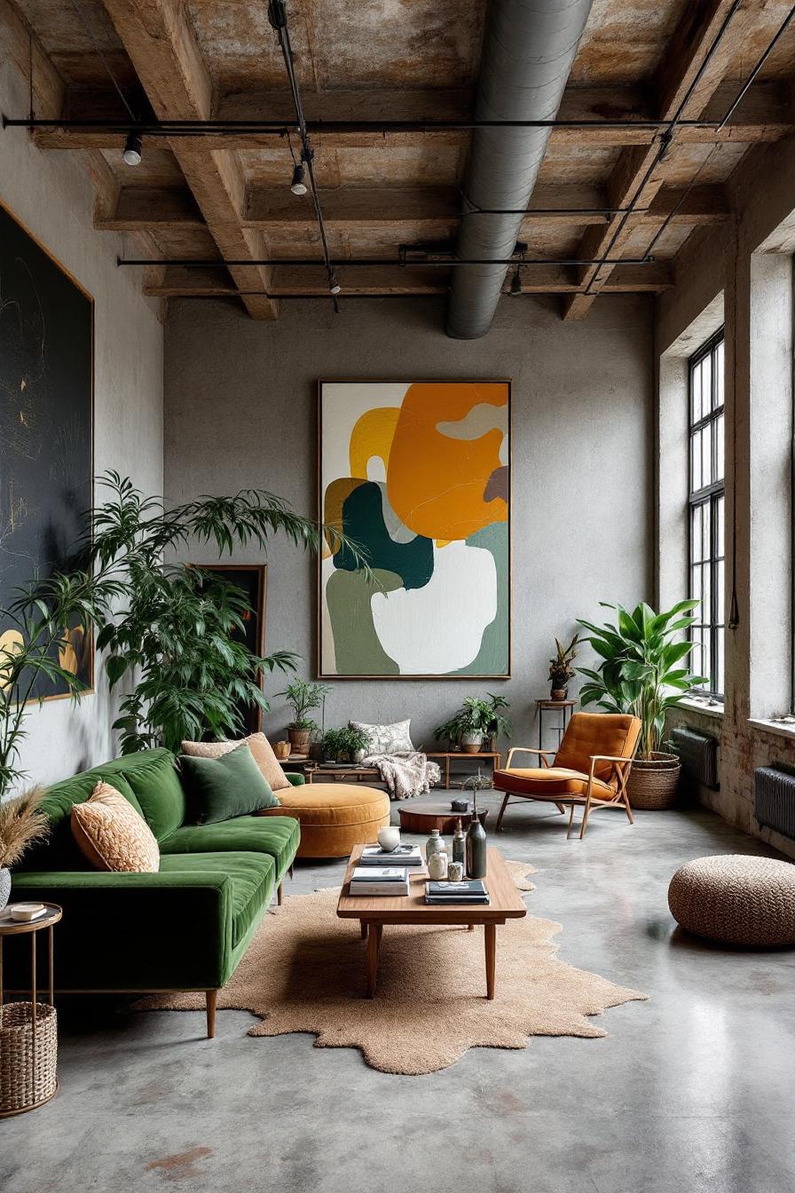 Loft interior with vibrant furniture and large artwork