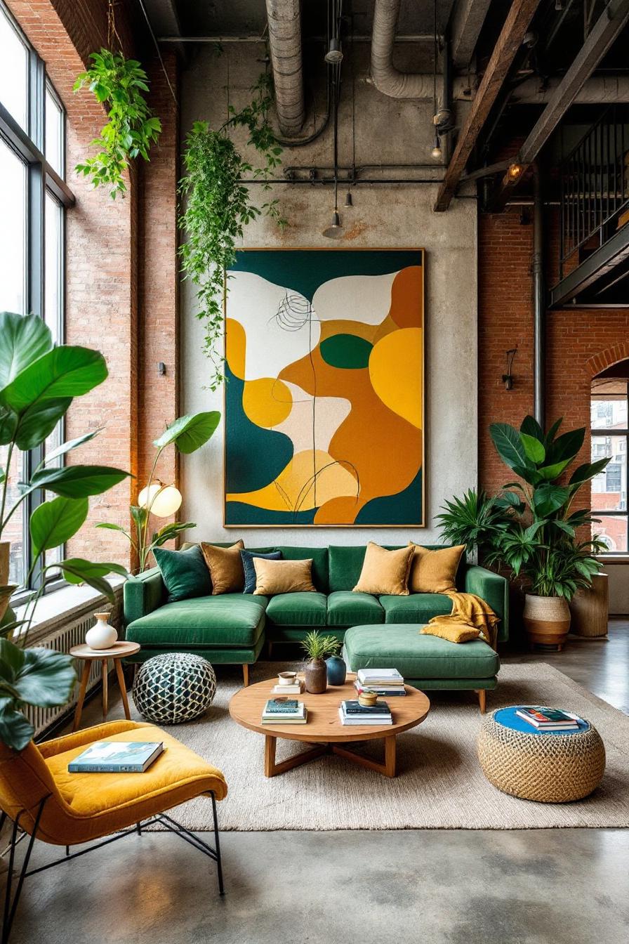 Stylish loft interior with a green couch and abstract art