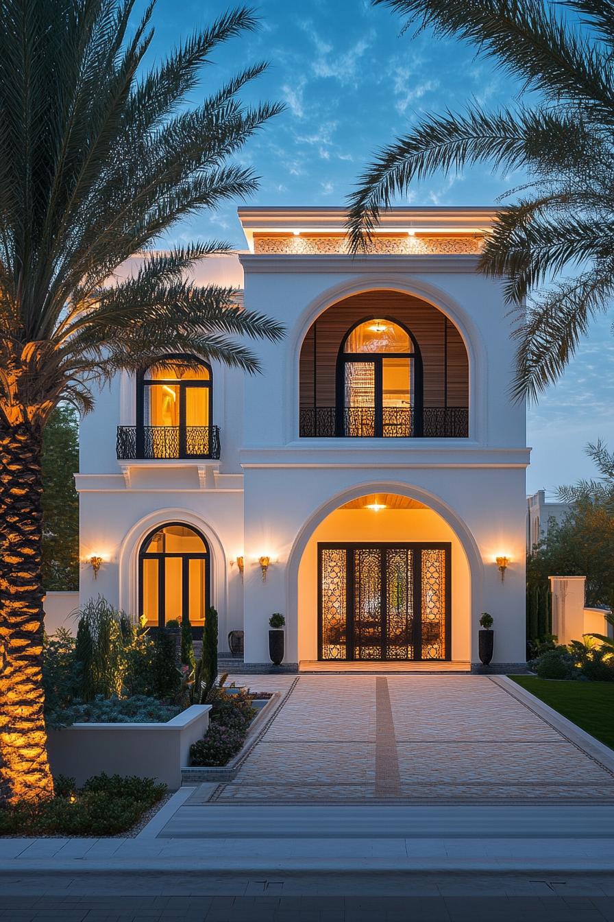 Majestic two-story house with elegant arches and palm trees