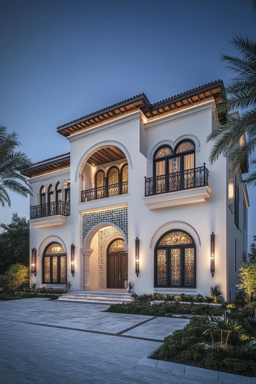 Elegant Arabic house with arches at dusk